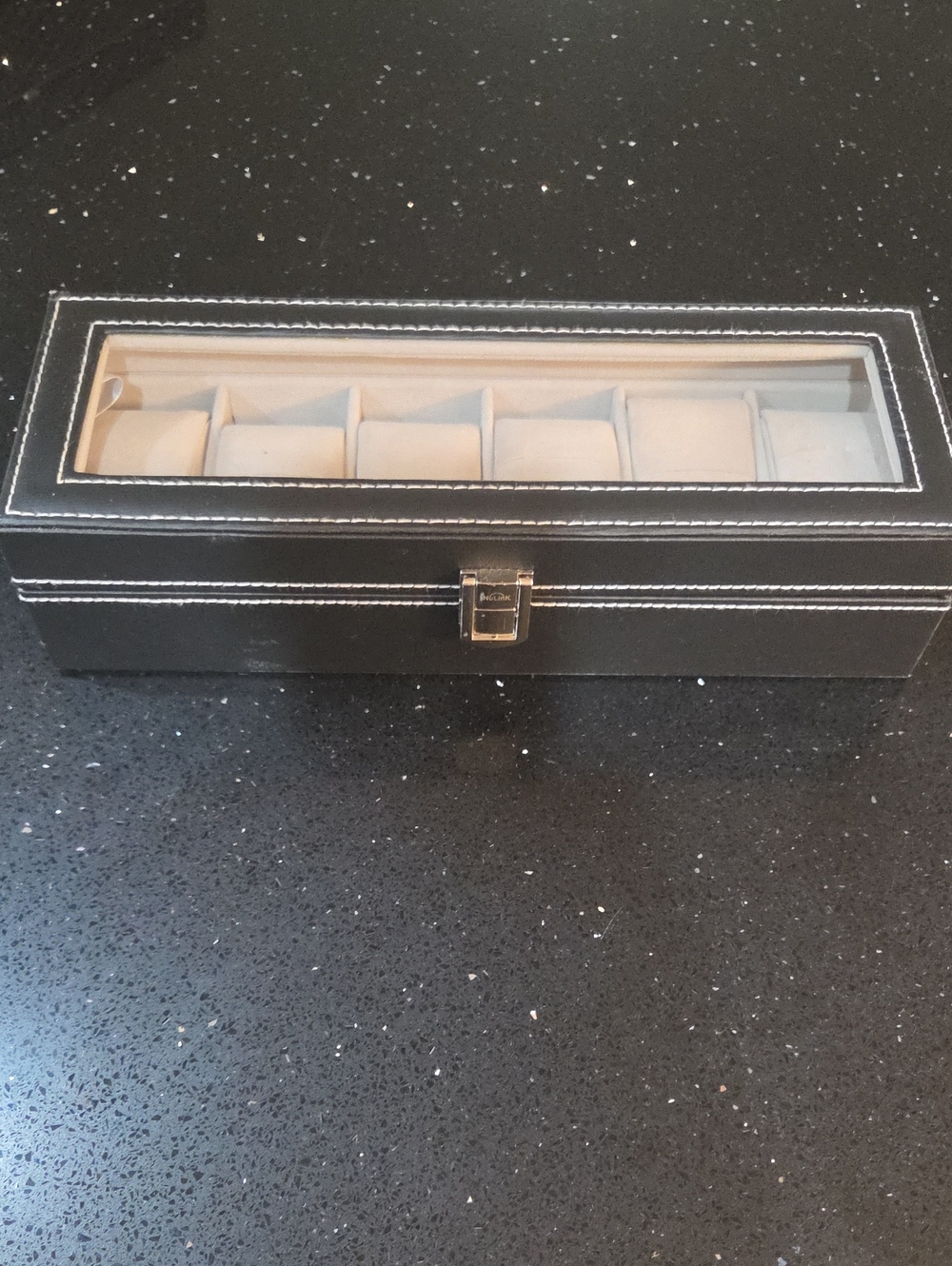 Men's Black Leather Watch Display Box with Gray Interior